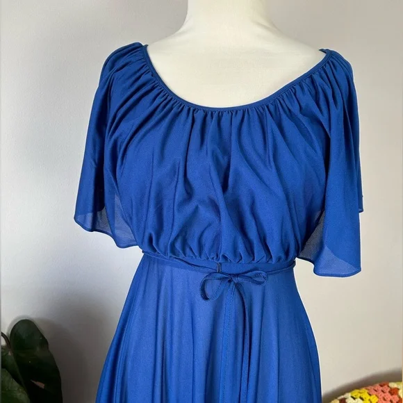 Vintage 70’s Young Edwardian Royal Blue Angel Sleeve Sheer Midi Dress - Picture 5 of 14